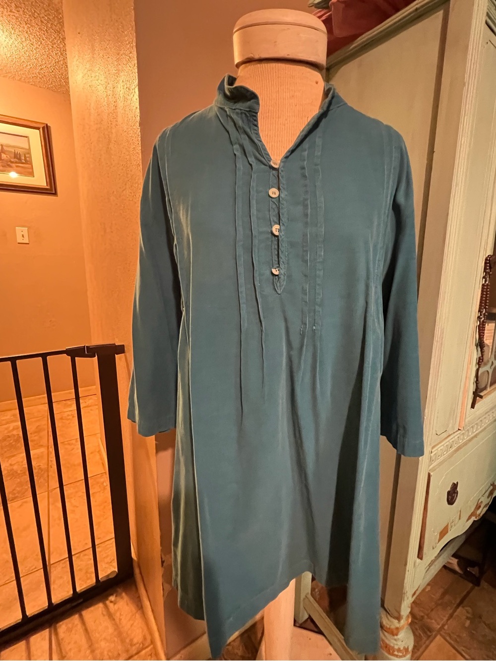 CP Shades Cotton Soft Cord Tunic Shirt Teal Blue Sz Medium Lagenlook Tab Sleeve
